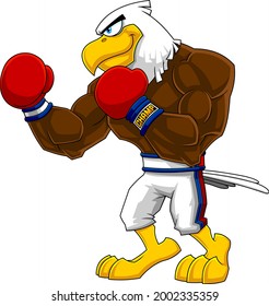 Boxer Eagle Cartoon Character In Boxing Gloves Standing. Vector Hand Drawn Illustration Isolated On Transparent Background