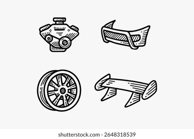 motor boxer, para-choques tubular, multi spoke, esporte spoiler corridas, carro roda jante gravura doodle ilustração vetor design conjunto para automotivo, corrida, garagem, oficina, veículo, serviço personalizado, reparação