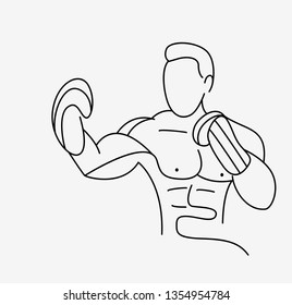 Boxer fighter line drawing over line art vector illustration.
