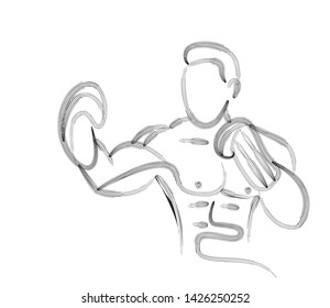 Boxer fighter line drawing over line art vector illustration.