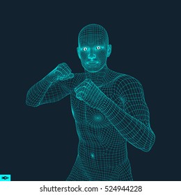 Boxer. Fighting Man. 3D Model of Man. Polygonal Design. Sport Symbol. Vector Illustration.
