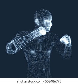 Boxeador. Homem Lutador. Modelo 3D do Homem. Modelo do corpo humano. Digitalização do corpo. Visão do corpo humano. Gráficos vetoriais compostos por partículas.