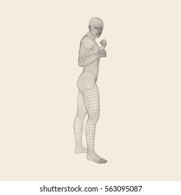 Boxer. Fighting Man. 3D Model of Man. Polygonal Design. Sport Symbol. Vector Illustration. 