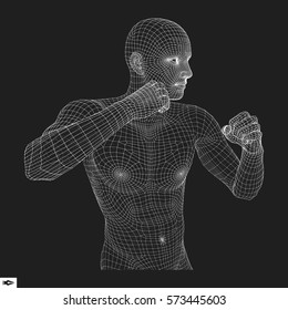 Boxer. Fighting Man. 3D Model of Man. Polygonal Design. Sport Symbol. Vector Illustration. 