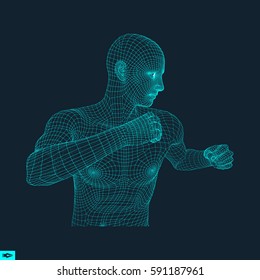 Boxer. Fighting Man. 3D Model of Man. Polygonal Design. Sport Symbol. Vector Illustration.
