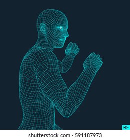 Boxer. Fighting Man. 3D Model of Man. Polygonal Design. Sport Symbol. Vector Illustration.
