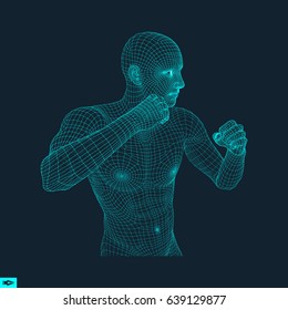 Boxer. Fighting Man. 3D Model of Man. Polygonal Design. Sport Symbol. Vector Illustration.