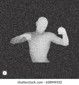 Boxer. Fighting man. 3D model of man. Black and white grainy dotwork design. Stippled vector illustration.