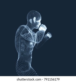 Boxer. Hombre de lucha. Modelo 3D de hombre. Modelo de cuerpo humano. Escaneo corporal. Vista del cuerpo humano. Gráficos vectores compuestos de partículas.