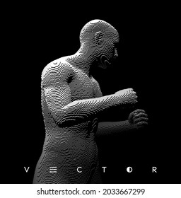 Boxer. Fighting man. Sport symbol. Concept of will win or power of spirit. Voxel art. 3D vector illustration.
