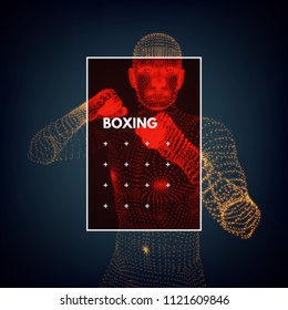 Boxer. Fighting men. 3d model of man. Body scanning. Vector graphics composed of particles.