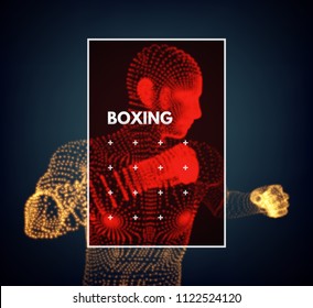 Boxer. Fighting men. 3d model of man. Body scanning. Vector graphics composed of particles.