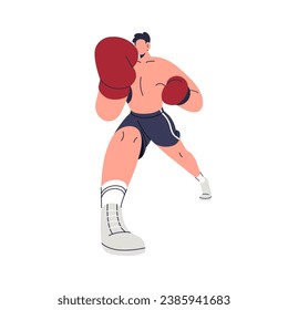 Boxer-Kämpfe, die mit Faust in Schachtel Handschuh schlagen. Boxsport. Wrestler-Athlet, Kämpfer schlagen. Sportsman in angreifender Pose, Haltung. Flache grafische Vektorgrafik einzeln auf weißem Hintergrund