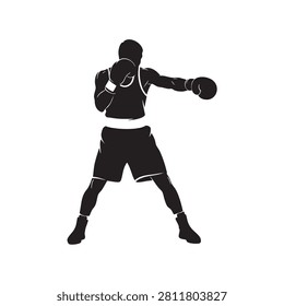 boxer in fighting stance pose with gloves in black vector illustration