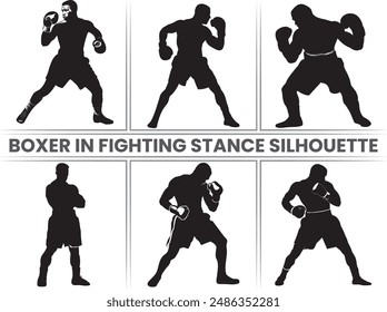 Boxer in Fighting Stance Silhouette, This group of sports figures features boxers isolated on a white background, demonstrating direct kicks, clinches, fighting stances, knockouts, and hooks.