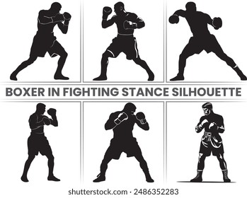 Boxer in Fighting Stance Silhouette, This group of sports figures features boxers isolated on a white background, demonstrating direct kicks, clinches, fighting stances, knockouts, and hooks.