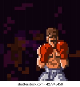 Boxer in a fighting stance wide pixel style with hands raised to his face as very loose grainy pixel image