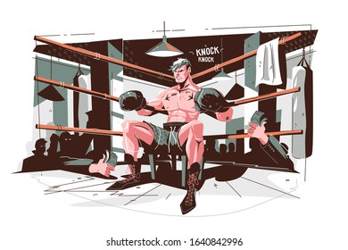 Boxer getting ready before final round vector illustration. Professional athlete in boxing gloves at boxing ring cartoon design. Martial art and sport concept. Isolated on white