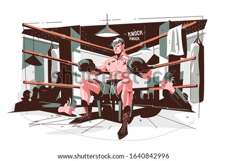 Boxer getting ready before final round vector illustration. Professional athlete in boxing gloves at boxing ring cartoon design. Martial art and sport concept. Isolated on white
