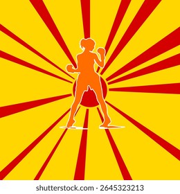 Símbolo de menina boxer em um fundo de linhas radiais de explosão flash vermelho. O grande símbolo laranja está localizado no centro do sol, simbolizando o nascer do sol. Ilustração vetorial no plano de fundo amarelo