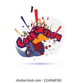 boxer glove punching or hitting to corruption text with money. break the corruption project. stop corruption concept - vector illustration