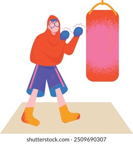 Boxer in Handschuhen und einer Tasche Boxen