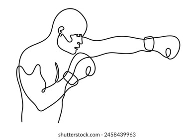 Boxer in gloves is training. One line drawing.