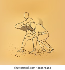 Boxer has hit and the opponent falls in knockout. Old paper drawing illustration.