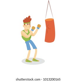 Boxer hitting a punching bag, man working out in fitness club or gym, active healthy lifestyle cartoon vector Illustration