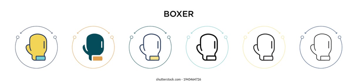 Boxer icon in filled, thin line, outline and stroke style. Vector illustration of two colored and black boxer vector icons designs can be used for mobile, ui, web