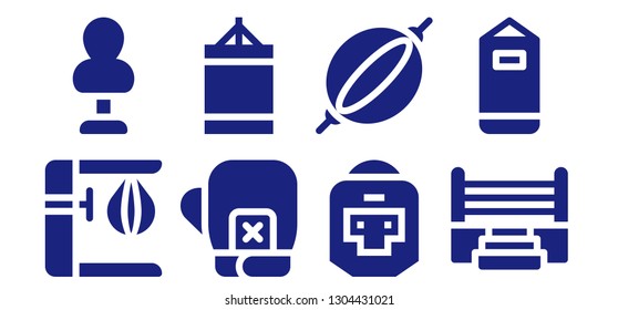 boxer icon set. 8 filled boxer icons.  Collection Of - Punching bag, Boxing gloves, Punching ball, Boxer, Boxing ring