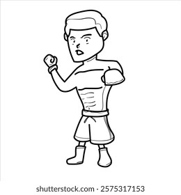 Boxer illustration, black and white cartoon style, vector format, good for children's coloring teaching materials, clothing, and visual elements and others