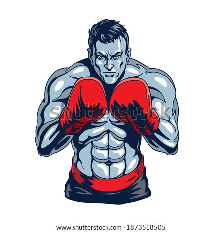 Boxer or kickboxer isolated on white.  Champion boxing, stylized vector illustration.
