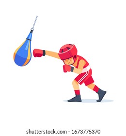 Boxer kid with bags of sand Boxing. Fitness, sport, exercise, will power and the concept of lifestyle. Cartoon vector illustration on white background