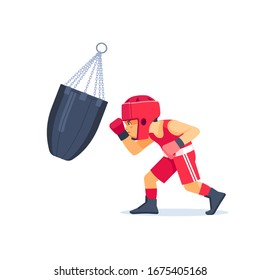 Boxer kid with bags of sand Boxing. Fitness, sport, exercise, will power and the concept of lifestyle. Cartoon vector illustration on white background