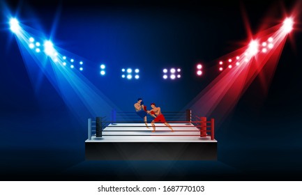 Boxer knocking out at Boxing ring arena and spotlight vector design.