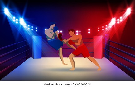 Boxer knocking out at Boxing ring arena and spotlight vector design.