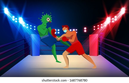 Boxer knocking out corona man at Boxing ring arena and spotlight vector design. Deadly type of virus 2019-nCoV