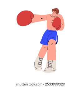 Boxer male character wearing protective gloves, flat cartoon vector illustration. Sports or hobby activity, pugilist or fighter ready for sparring. Boxing fun and professional sportive activity