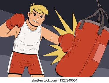 boxer man with boxing gloves hits the punching bag