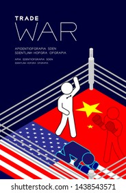 Boxer Man pictogram on boxing ring isometric with america and china flag canvas pattern, Trade war and tax crisis concept design illustration isolated on blue background with space, vector eps 10