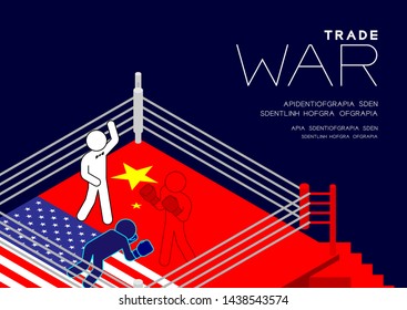 Boxer Man pictogram on boxing ring isometric with america and china flag canvas pattern, Trade war and tax crisis concept design illustration isolated on blue background with space, vector eps 10