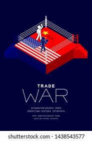 Boxer Man pictogram on boxing ring isometric with america and china flag canvas pattern, Trade war and tax crisis concept design illustration isolated on blue background with space, vector eps 10