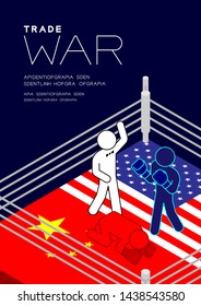 Boxer Man pictogram on boxing ring isometric with america and china flag canvas pattern, Trade war and tax crisis concept design illustration isolated on blue background with space, vector eps 10