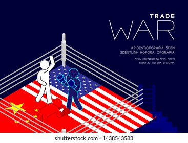 Boxer Man pictogram on boxing ring isometric with america and china flag canvas pattern, Trade war and tax crisis concept design illustration isolated on blue background with space, vector eps 10