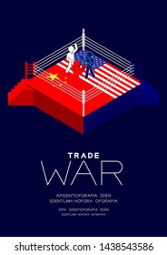 Boxer Man pictogram on boxing ring isometric with america and china flag canvas pattern, Trade war and tax crisis concept design illustration isolated on blue background with space, vector eps 10