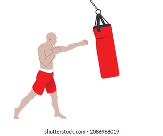 boxer or man training with punching bag, vector illustration 
