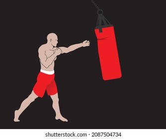boxer or man training with punching bag, vector illustration 