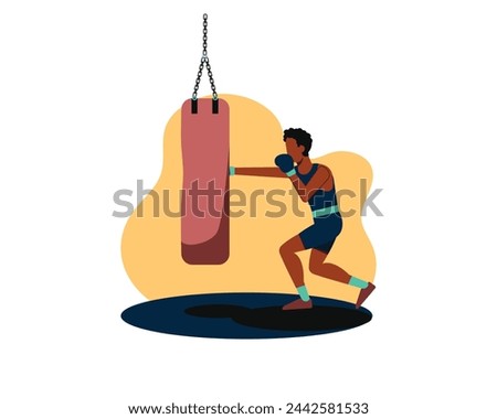 boxer man training with punching bag vector illustration design. Isolated flat design for sport and leisure activities concept