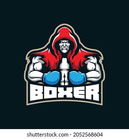 Vector de diseño de logotipo de mascota Boxer con el estilo de diseño de ilustración moderno para la impresión de insignias, emblemas y camisetas. Ilustración del boxeador furioso.